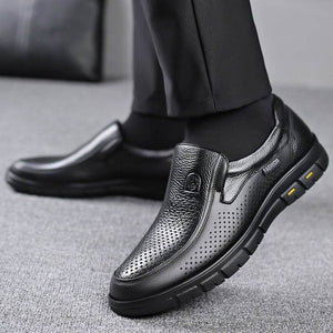 Men's breathable leather shoes with soft bottom and cutout design, shown in black, featuring imitation leather lining and rubber sole.